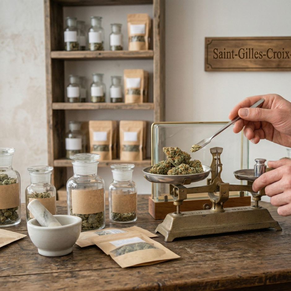 Pesée artisanale du CBD à Saint-Gilles-Croix-de-Vie